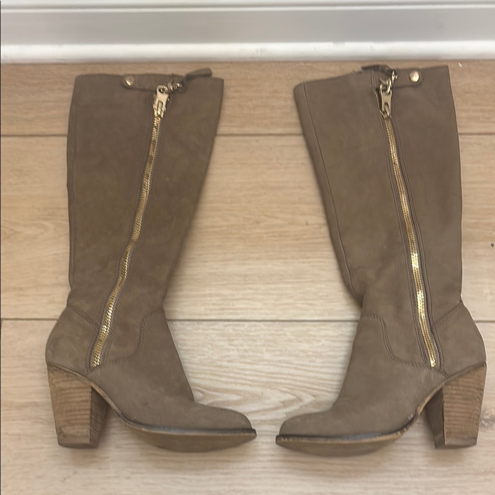 Brown Knee-High Boots with Gold Zipper